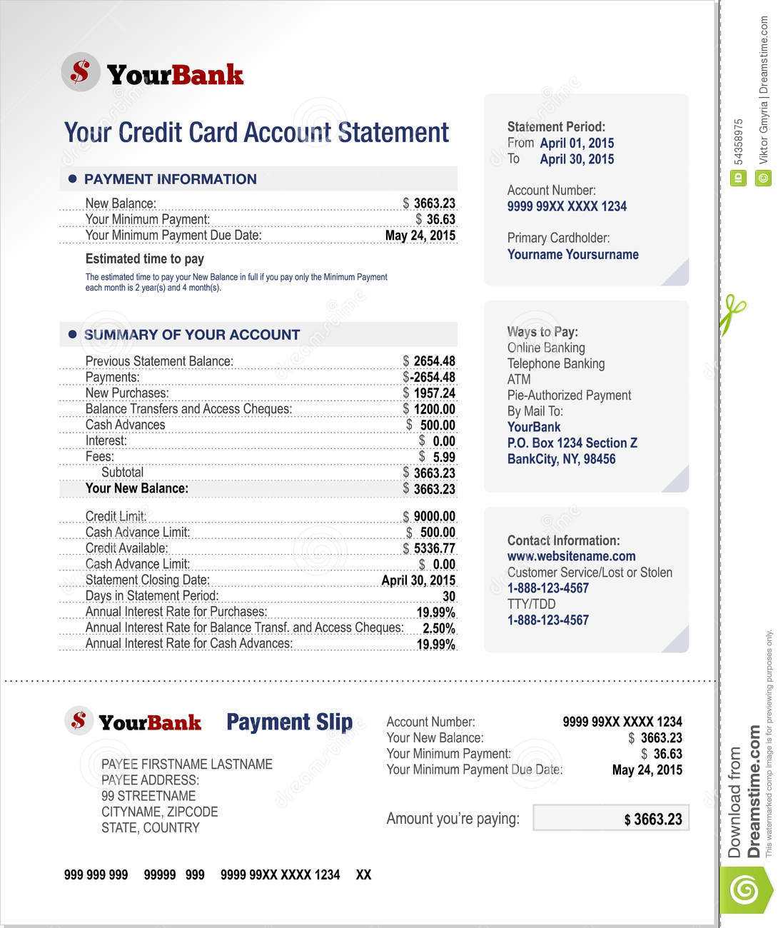 Credit Card Bank Account Statement Template Stock Vector For Credit Card Bill Template