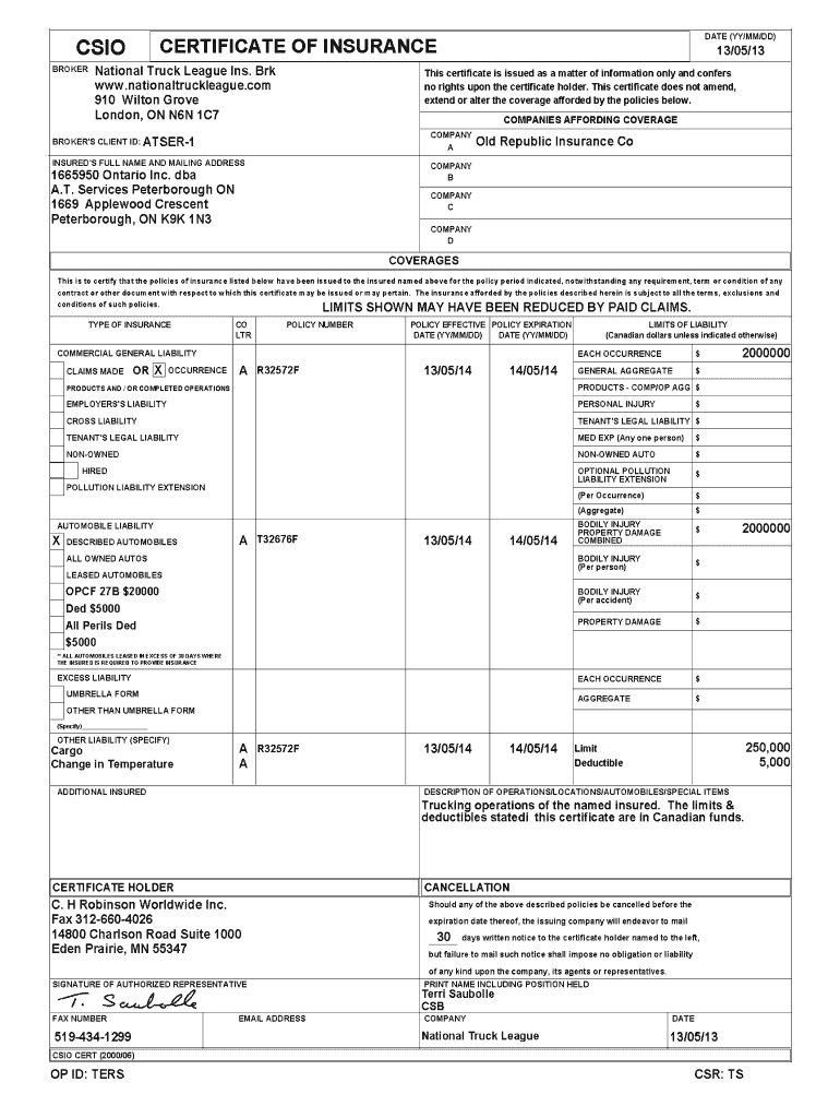 Csio Certificate Insurance Template - Fill Online, Printable Pertaining To Certificate Of Insurance Template