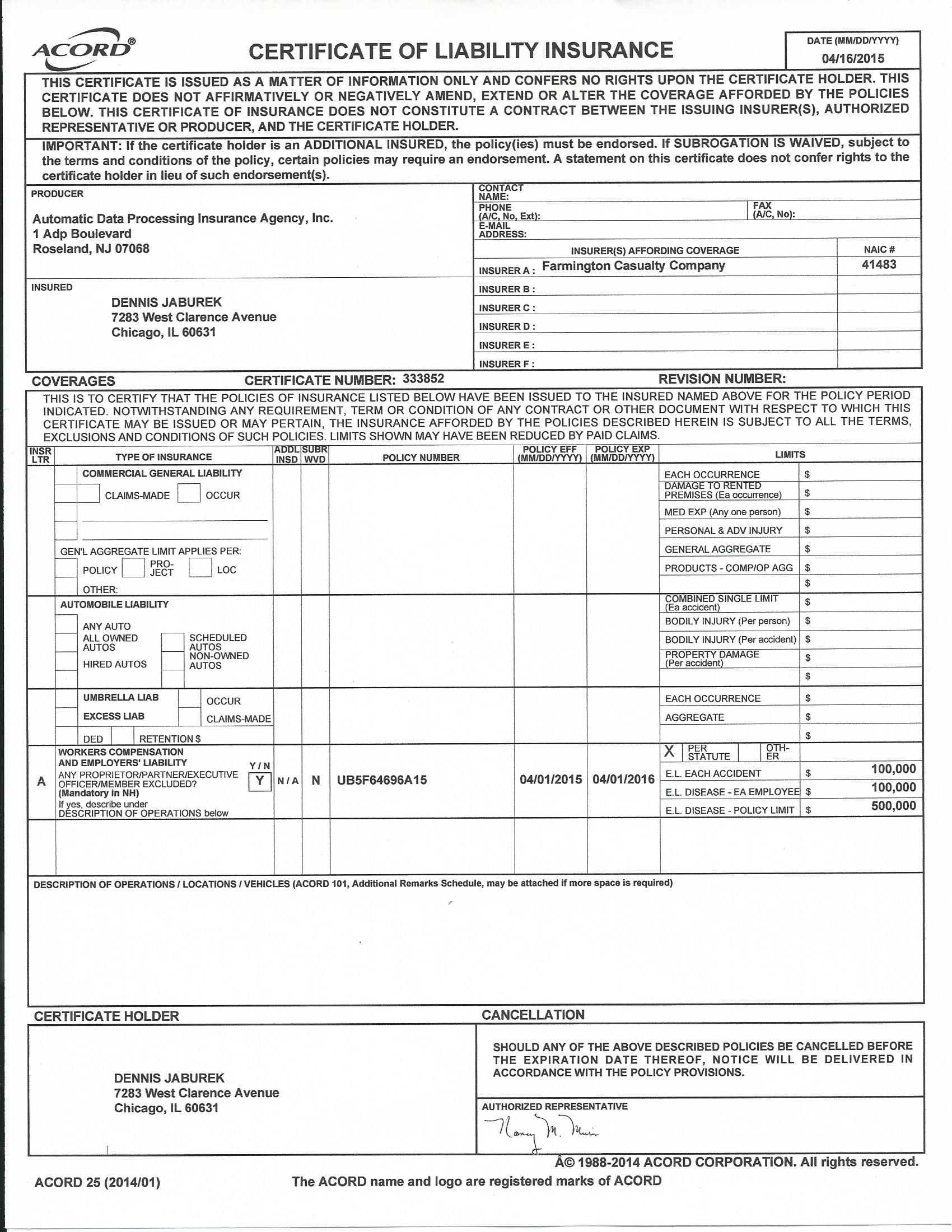 Current Certificate Of Insurance, Workmen's Comp Valid Thru Throughout Certificate Of Liability Insurance Template