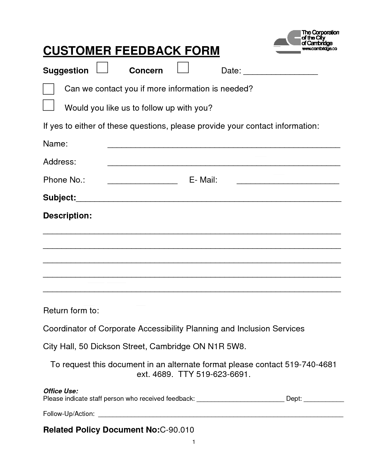 Customer Contact Form | Customer Feedback Form (Pdf Download With Employee Satisfaction Survey Template Word