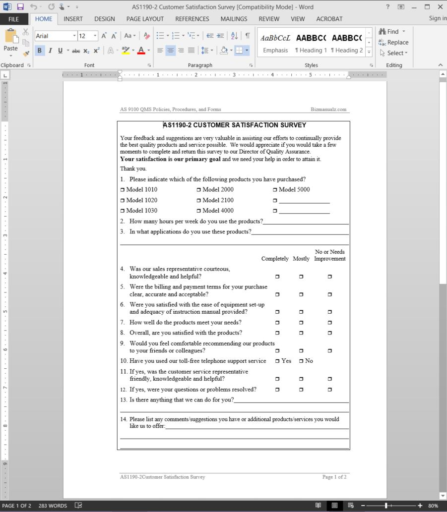 Customer Satisfaction Survey As9100 Template | As1190 2 In Customer Satisfaction Report Template
