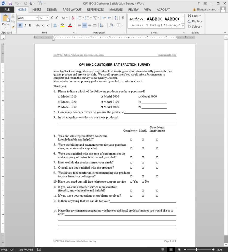 Customer Satisfaction Survey Iso Template | Qp1190 2 For Customer Satisfaction Report Template