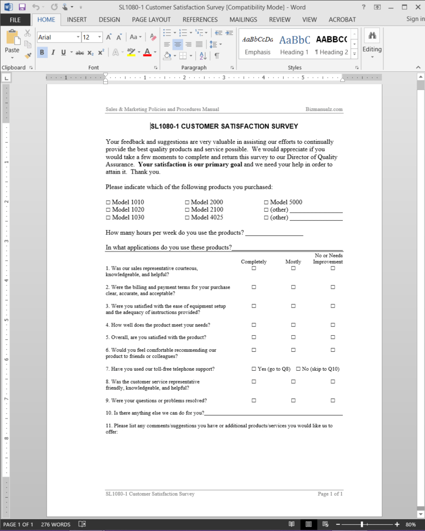 Customer Satisfaction Survey Template | Sl1080 1 Regarding Employee Satisfaction Survey Template Word