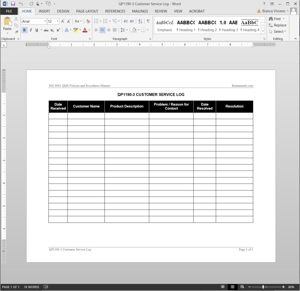 Customer Service Log Iso Template | Qp1190 3 In Customer Contact Report Template