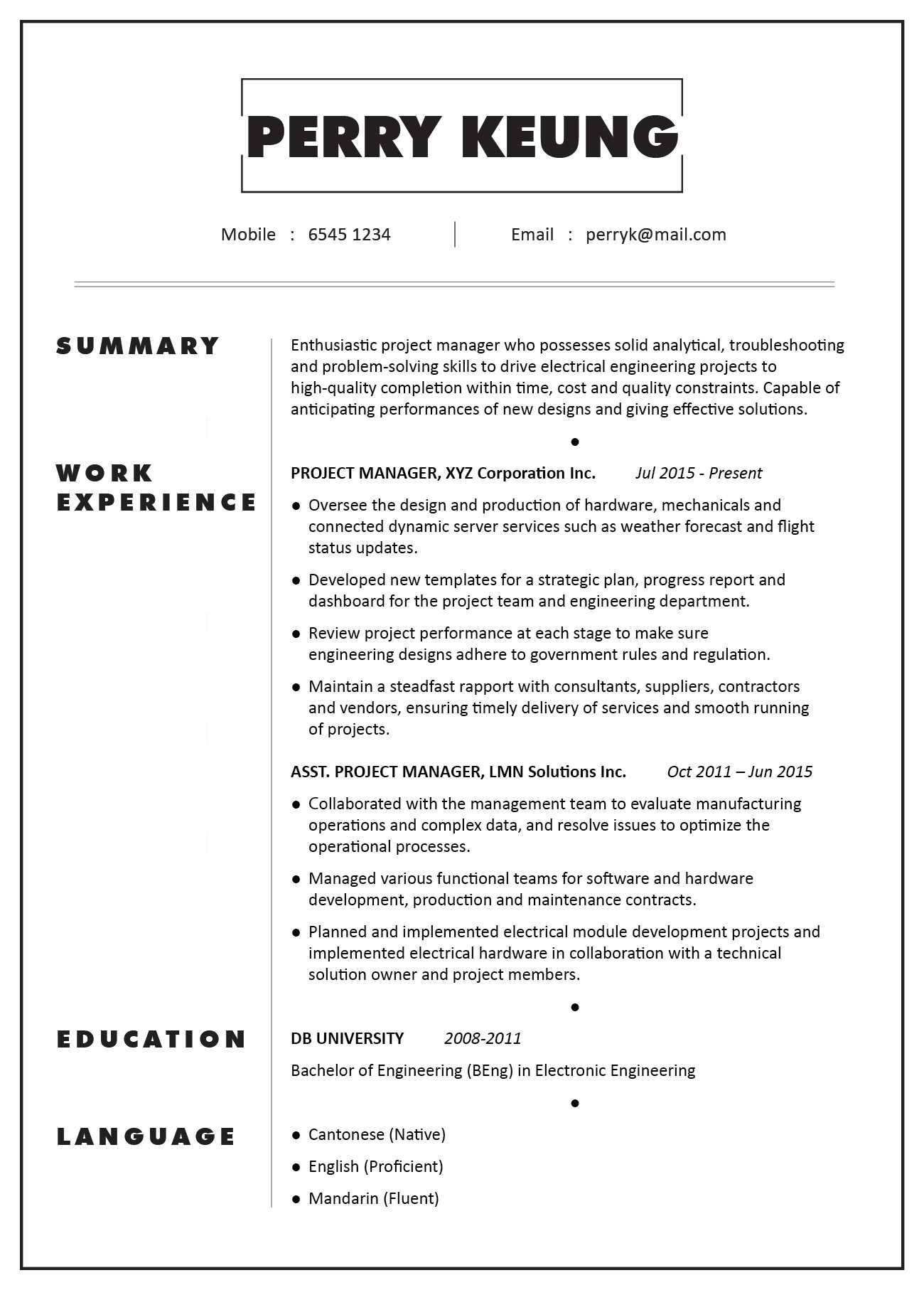 Cv Sample – Project Manager (Electronic/electrical For Engineering Progress Report Template