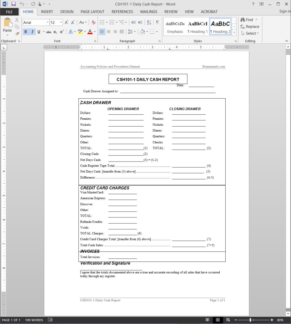 Daily Cash Report Template | Csh101 1 Inside Report Template Word 2013
