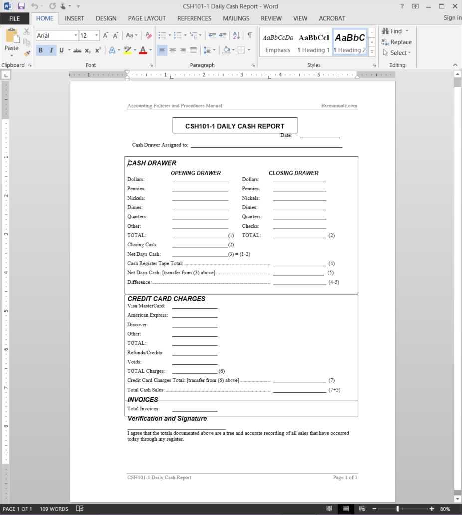 Daily Cash Report Template | Csh101 1 Inside Report Template Word 2013