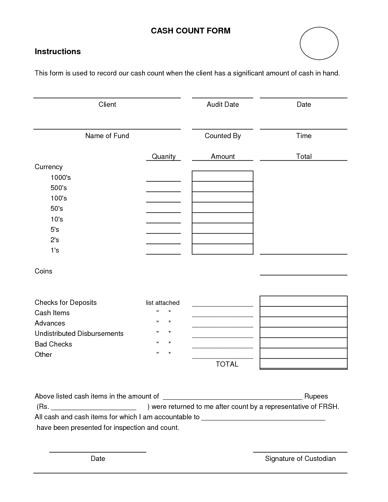 Daily Cash Sheet Template | Cash Count Sheet – Audit Working Intended For End Of Day Cash Register Report Template
