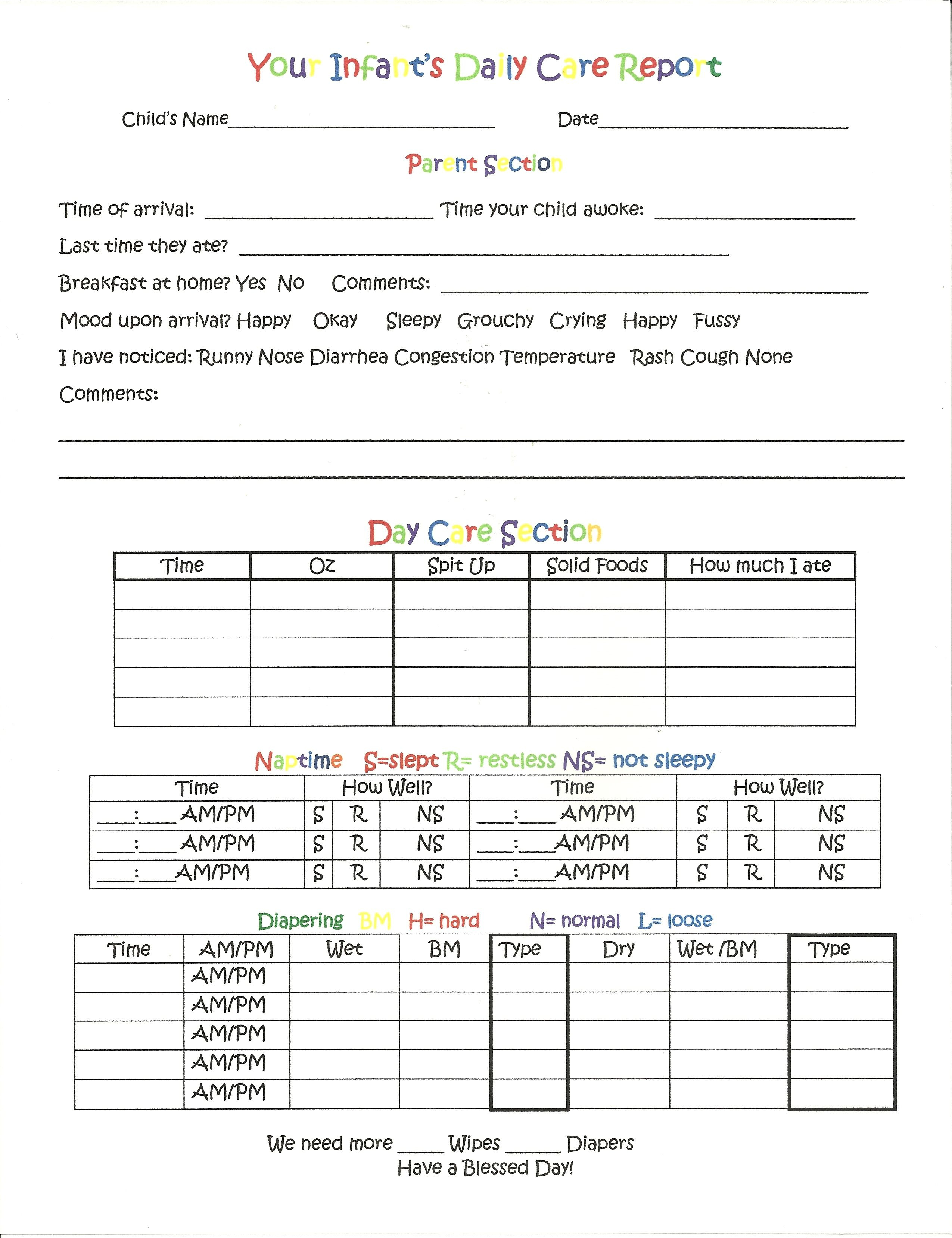 Daily Report For Infants. That I Put Together. | Preschool For Daycare Infant Daily Report Template