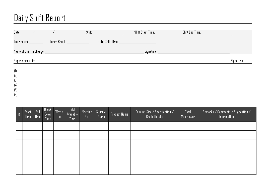 Daily Shift Report – Regarding Daily Report Sheet Template