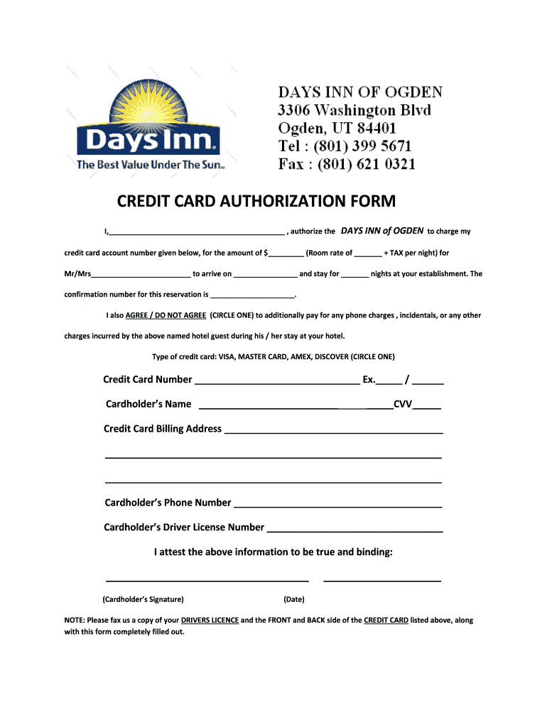 Days Inn Montrose Colorado Credit Card Authorization - Fill For Hotel Credit Card Authorization Form Template