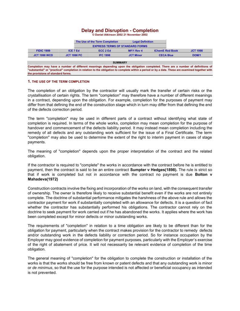 Delay And Disruption – Completion Intended For Practical Completion Certificate Template Jct