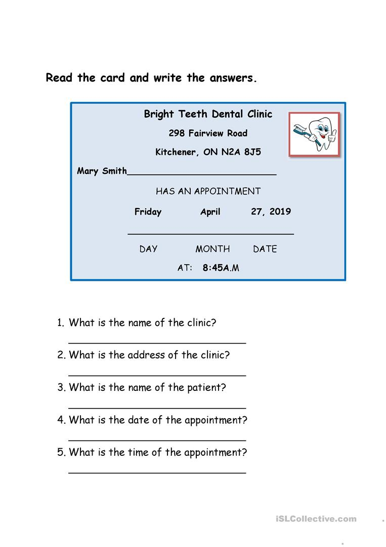 Dentist Appointment Card – English Esl Worksheets Inside Dentist Appointment Card Template