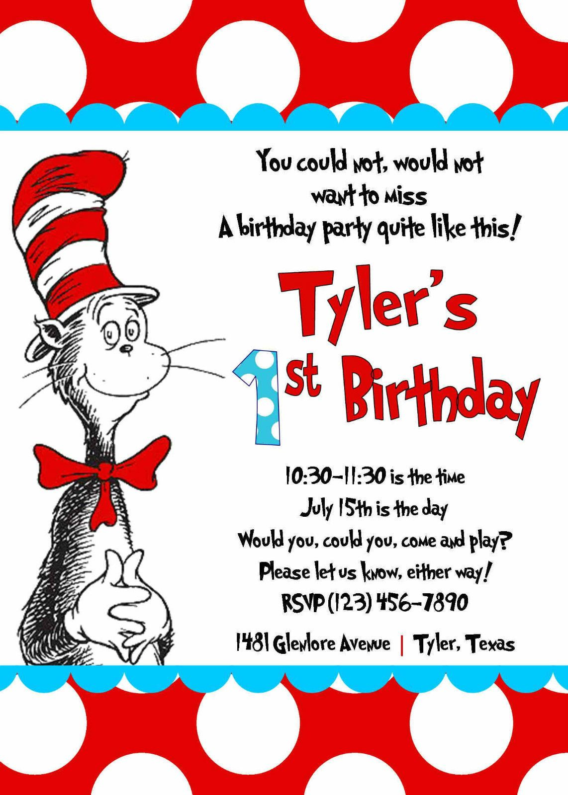 Details About Cat In The Hat Invitations, Kids Birthday Pertaining To Dr Seuss Birthday Card Template