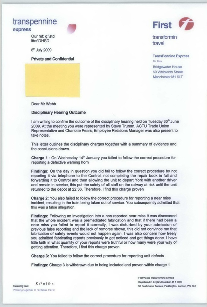 Disciplinary Hearing Outcome Letter – Transpennine Express Intended For Investigation Report Template Disciplinary Hearing