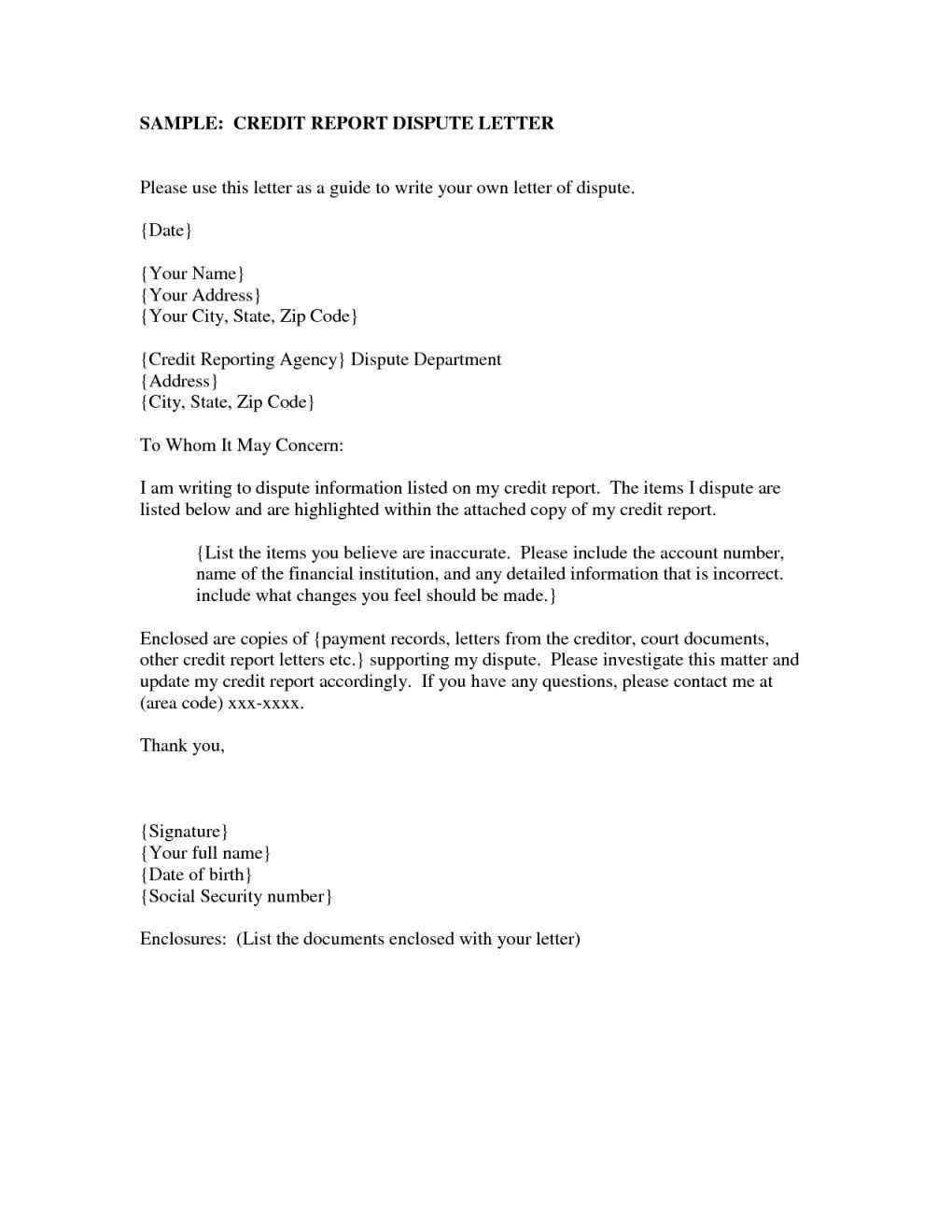 Dispute Letter To Credit Bureau Template The Biggest Pertaining To Credit Report Dispute Letter Template