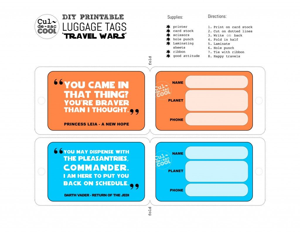 Diy Printable Luggage Tags 'travel Wars' | Plethora Of With Luggage Tag Template Word