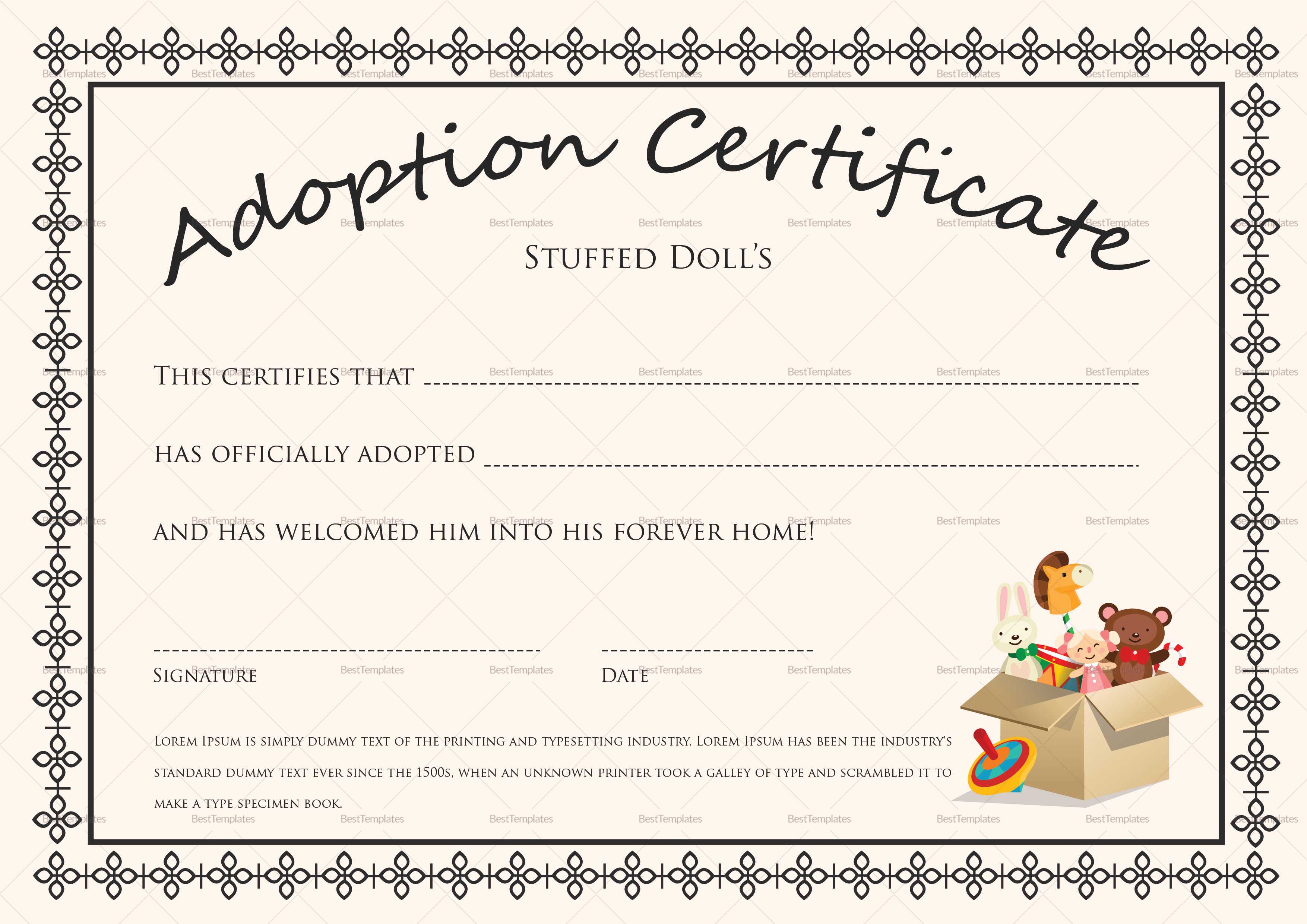 Doll Adoption Certificate Template For Blank Adoption Certificate Template