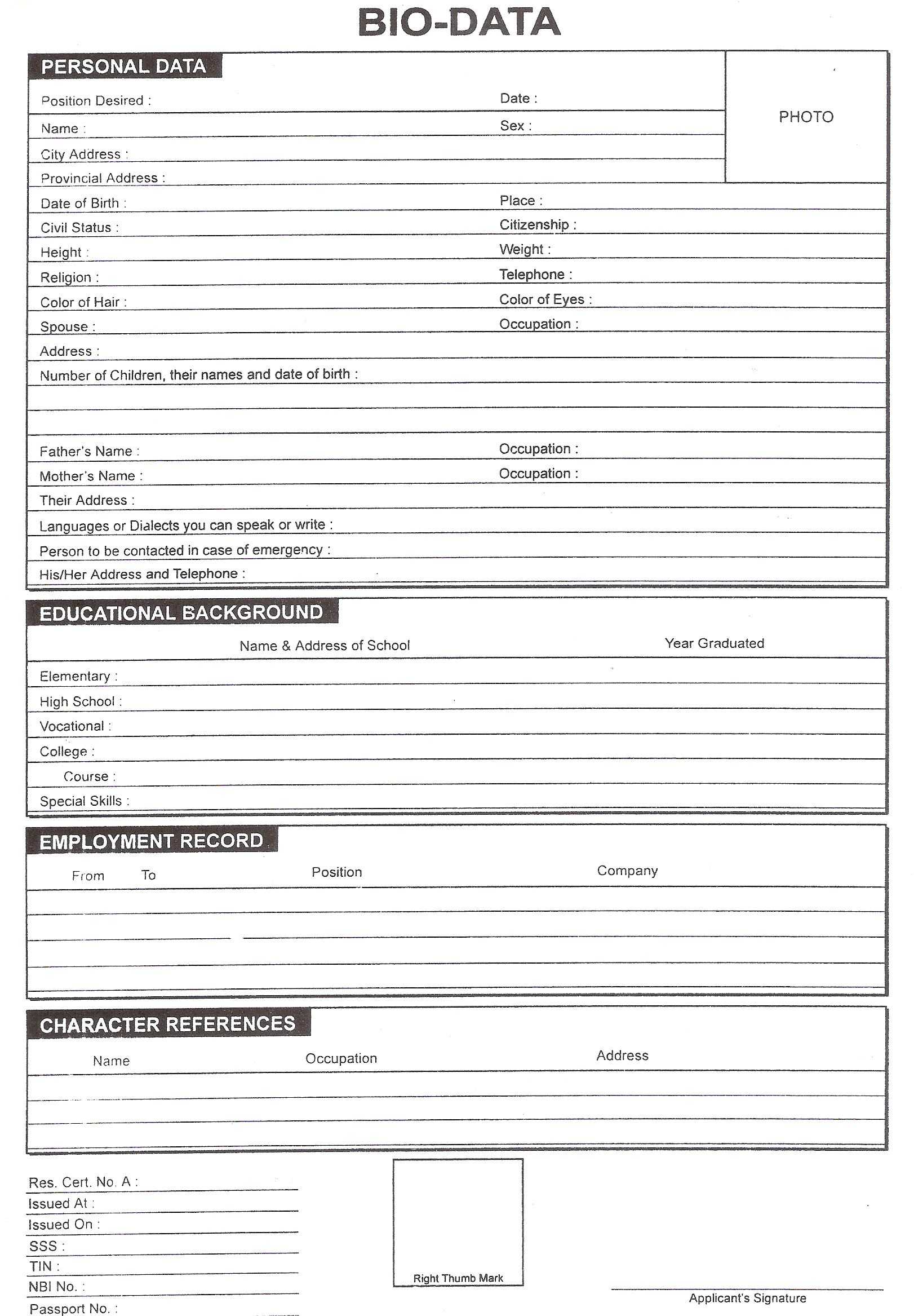 Download Free Blank Resume Forms Pdf | Bio Data, Resume In Free Bio Template Fill In Blank