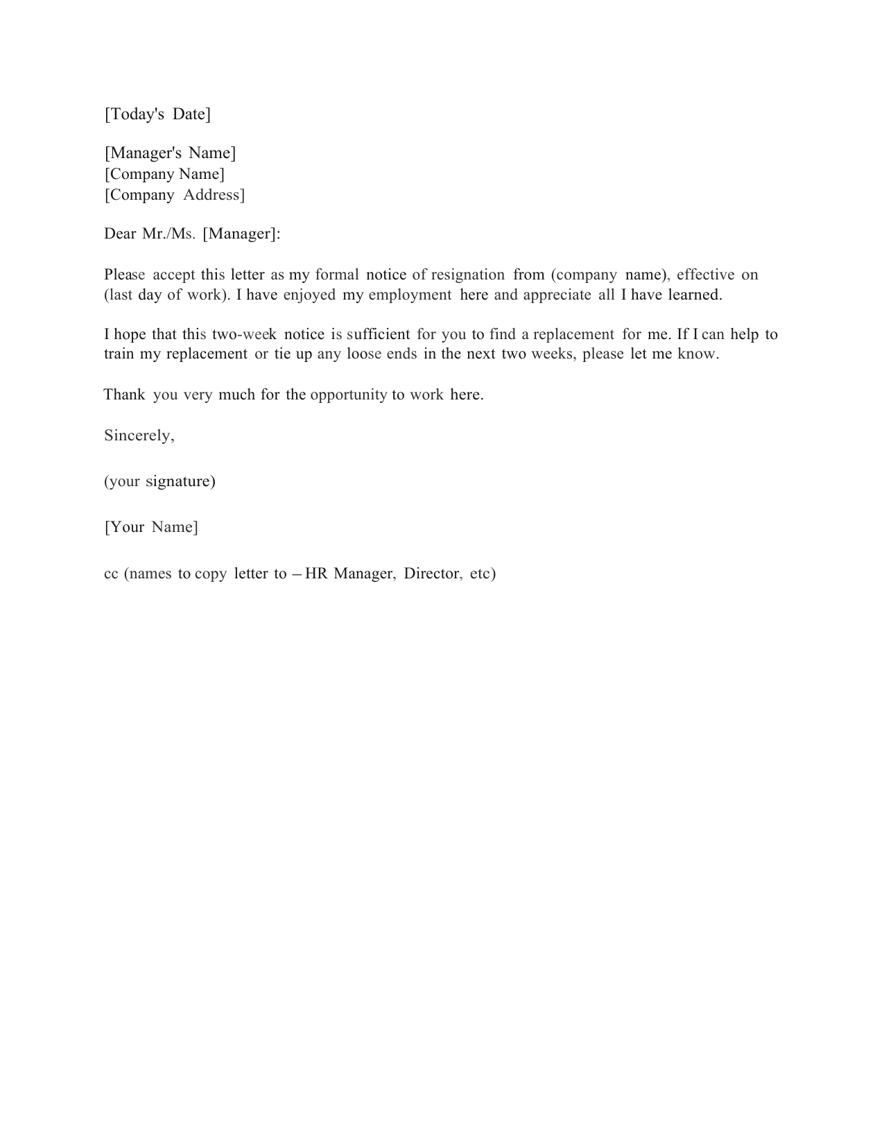 Download Standard Two (2) Weeks Notice Letter Template And Throughout Two Week Notice Template Word