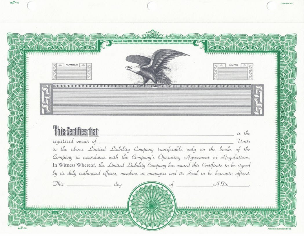 Duke 16 Limited Liability Company Certificates, Blank With Corporate Share Certificate Template