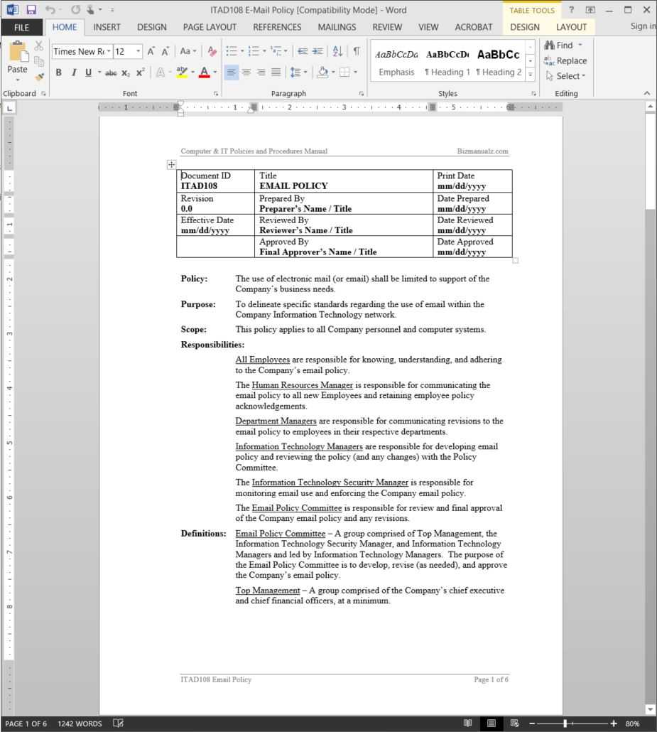 E Mail Policy Procedure | Itad108 Within Procedure Manual Template Word Free