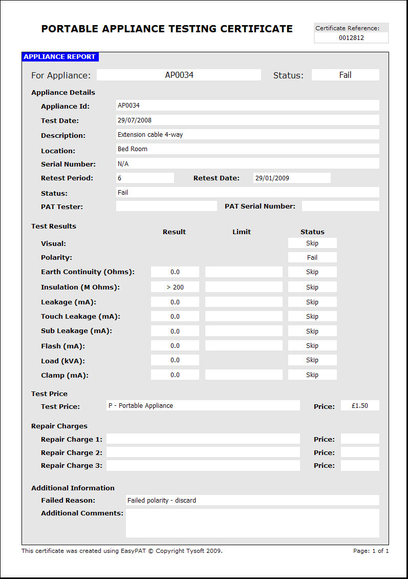 Easypat Portable Appliance Testing Software Within Megger Test Report Template