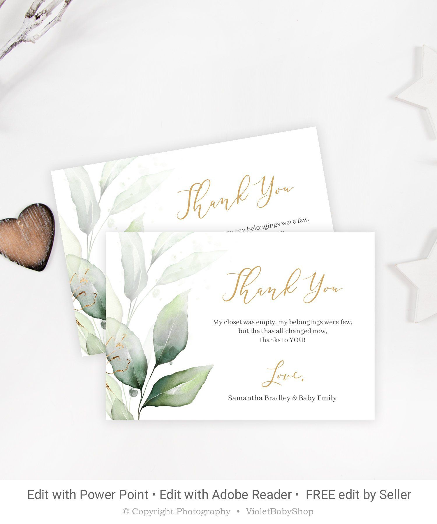 Editable Baby Shower Thank You Card, Printable Greenery Intended For Powerpoint Thank You Card Template