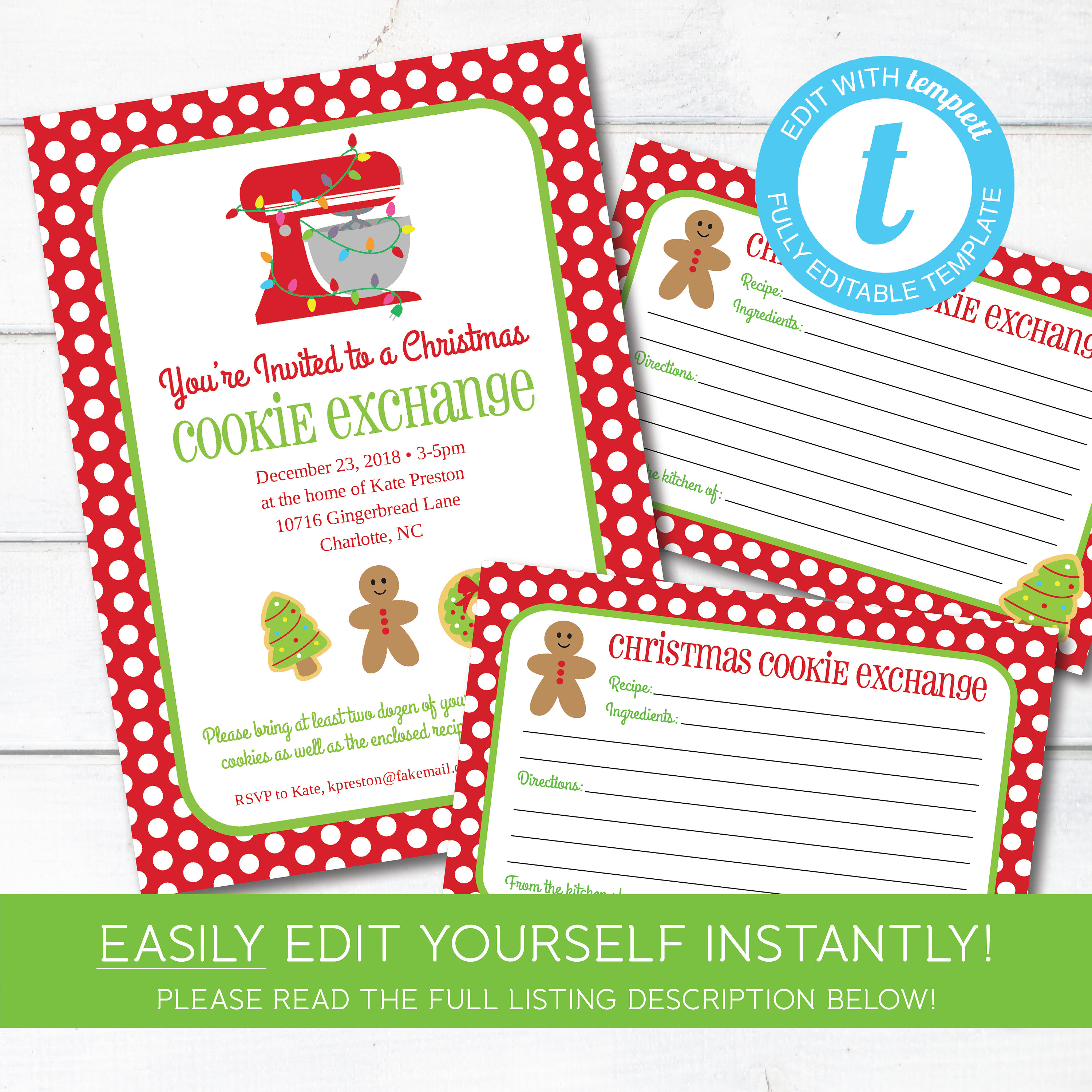 Editable Cookie Exchange Christmas Party Invitation And Recipe Cards,  Instant Download, Holiday Cookie Party Invitation, Edit With Templett Inside Cookie Exchange Recipe Card Template