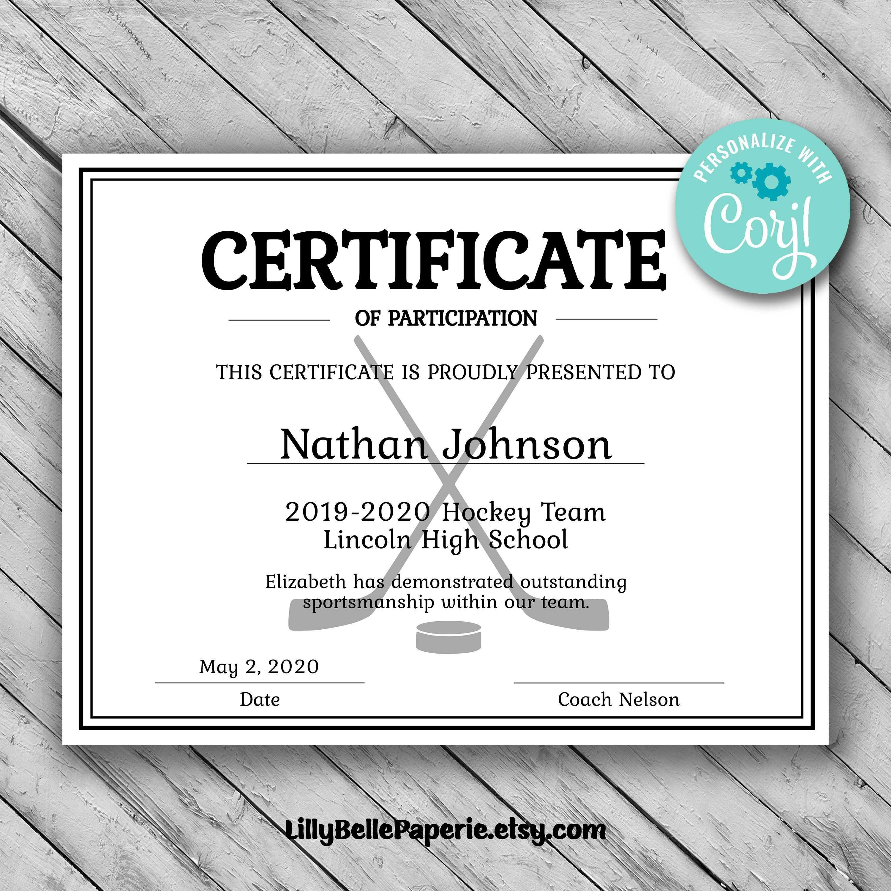 Editable Hockey Sports Team Certificate Template – Printable Throughout Hockey Certificate Templates