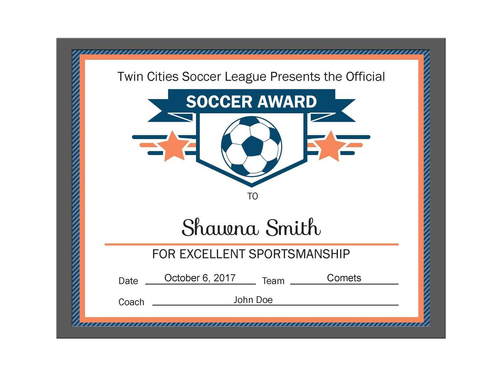 Editable Pdf Sports Team Soccer Certificate Award Template For Athletic Certificate Template