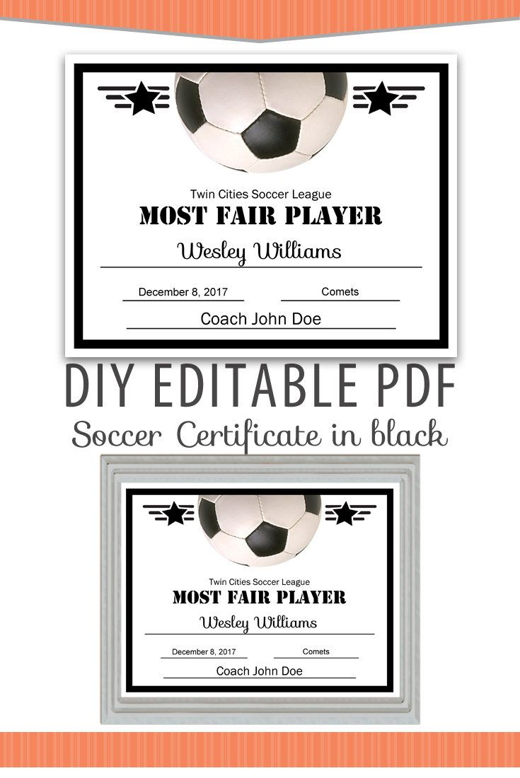 Editable Pdf Sports Team Soccer Certificate Diy Award Intended For Soccer Certificate Template