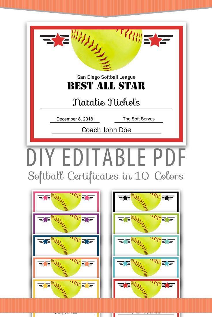 Editable Pdf Sports Team Softball Certificate Award Template In Softball Award Certificate Template