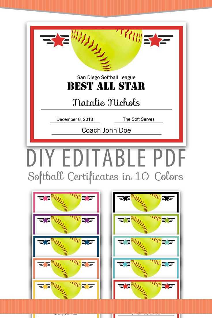 Editable Pdf Sports Team Softball Certificate Award Template In Softball Award Certificate Template