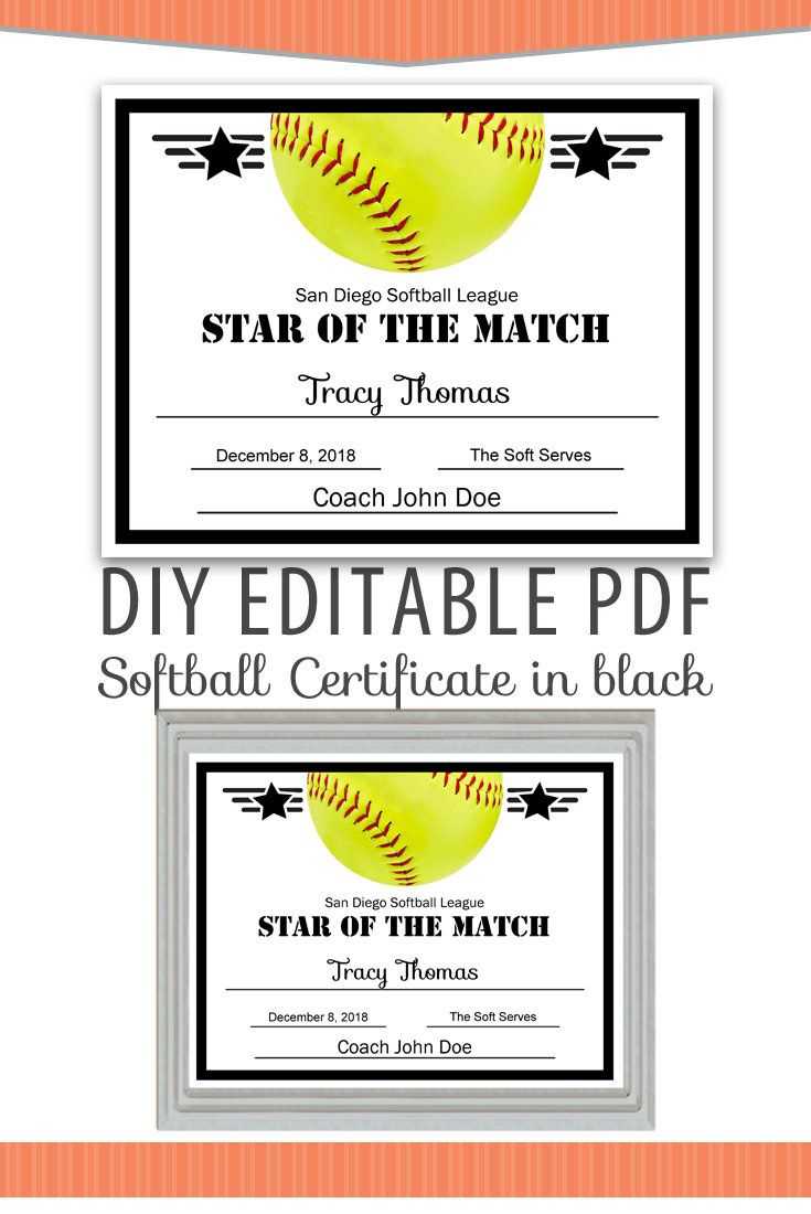 Editable Pdf Sports Team Softball Certificate Diy Award Intended For Softball Award Certificate Template