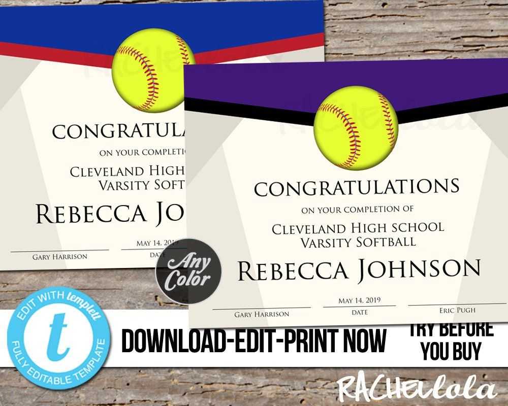 Editable Softball Award Certificate, Custom Printable Within Softball Award Certificate Template