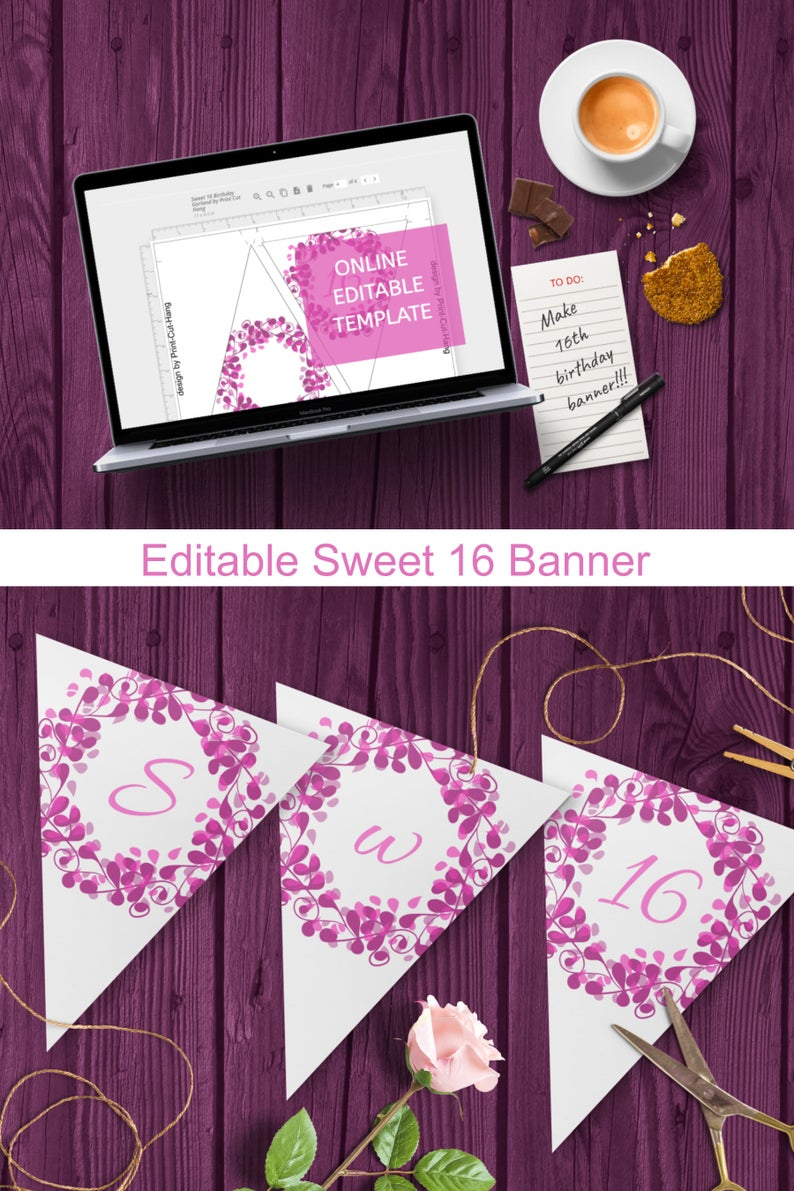 Editable Sweet 16 Banner Template For Pink Purple 16Th Birthday Decoration Intended For Sweet 16 Banner Template