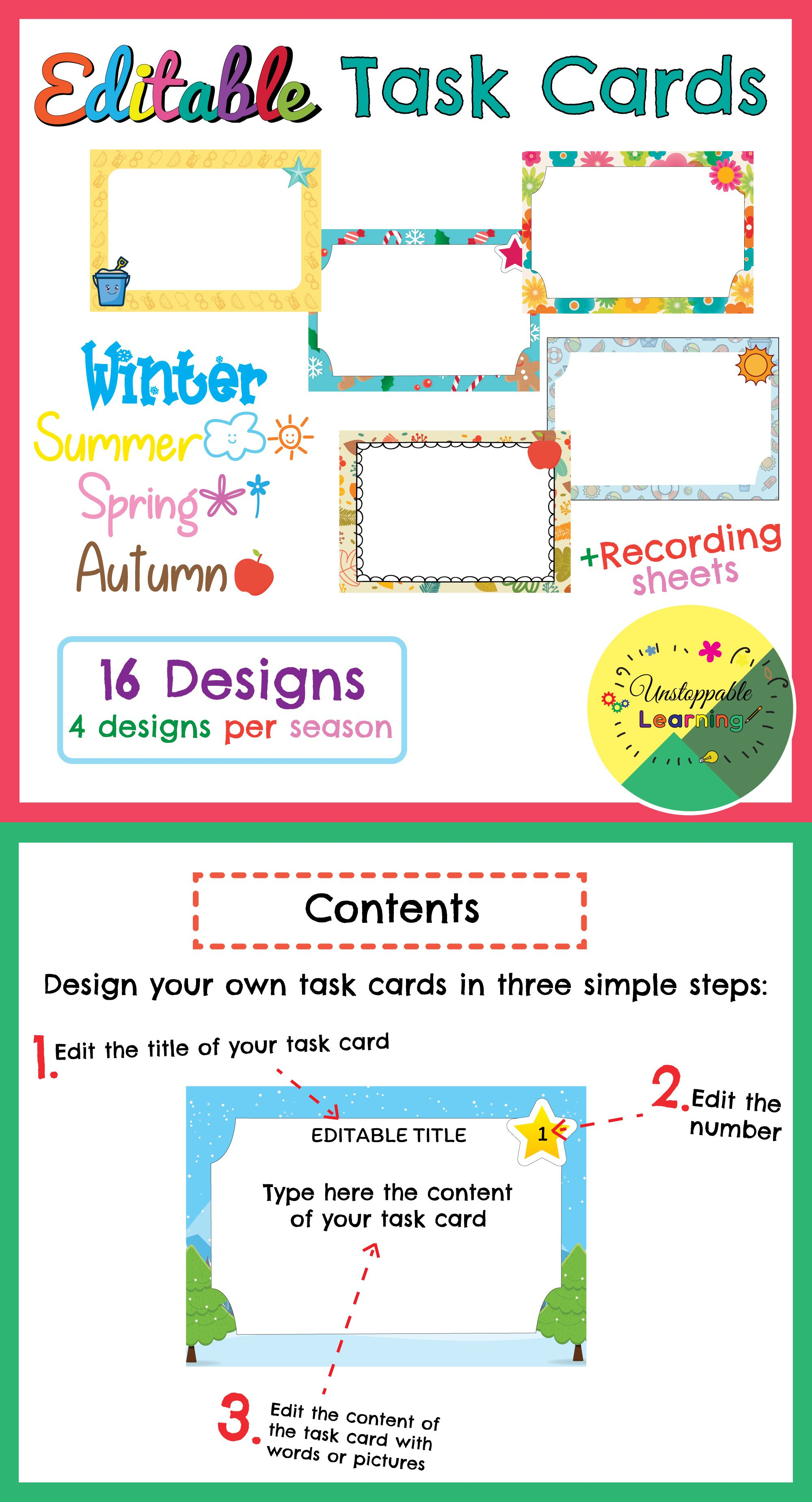 Editable Task Card Templates Seasonal Themed | My Products Throughout Task Card Template