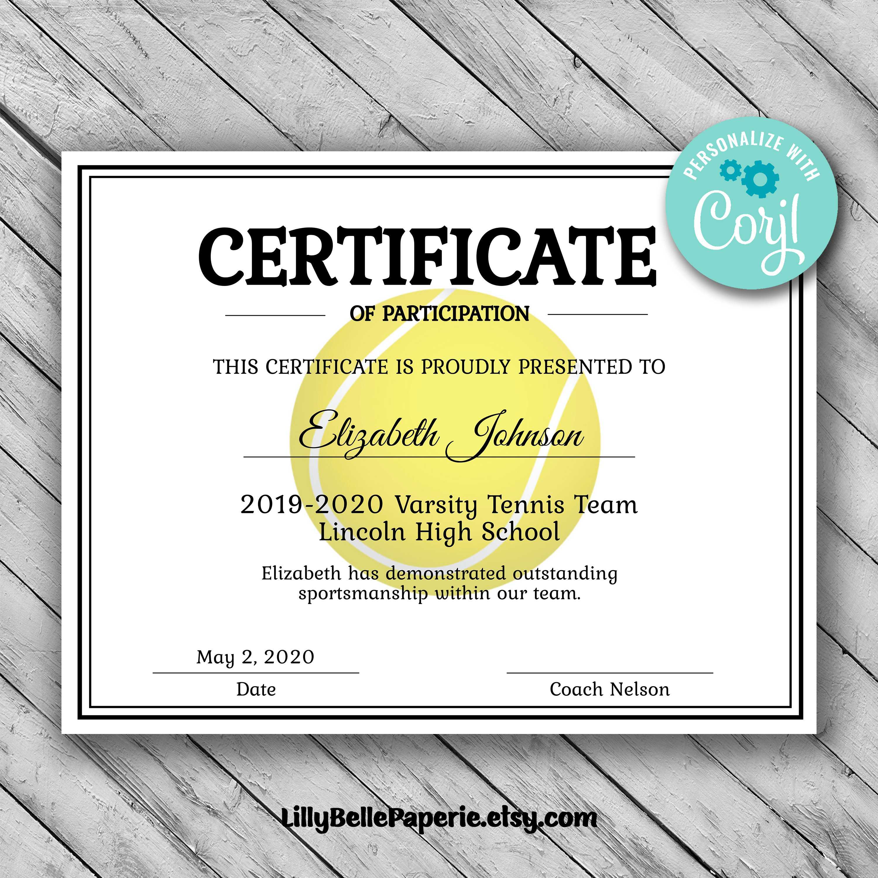 Editable Tennis Certificate Template – Printable Certificate Template –  Tennis Certificate Template Personalized Diploma Certificate Regarding Tennis Certificate Template Free