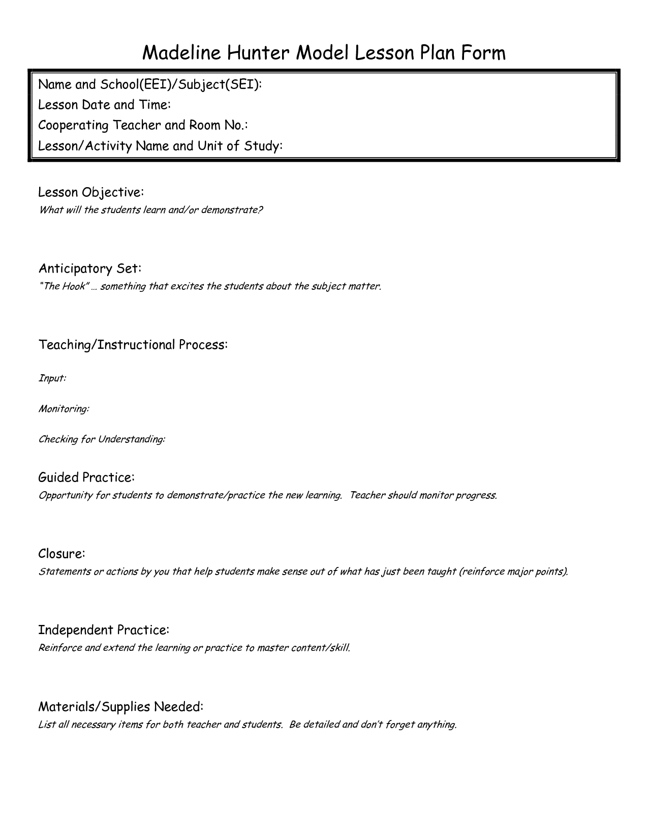 Eei Lesson Plan | Madeline Hunter Lesson Plan, Lesson Plan For Madeline Hunter Lesson Plan Blank Template