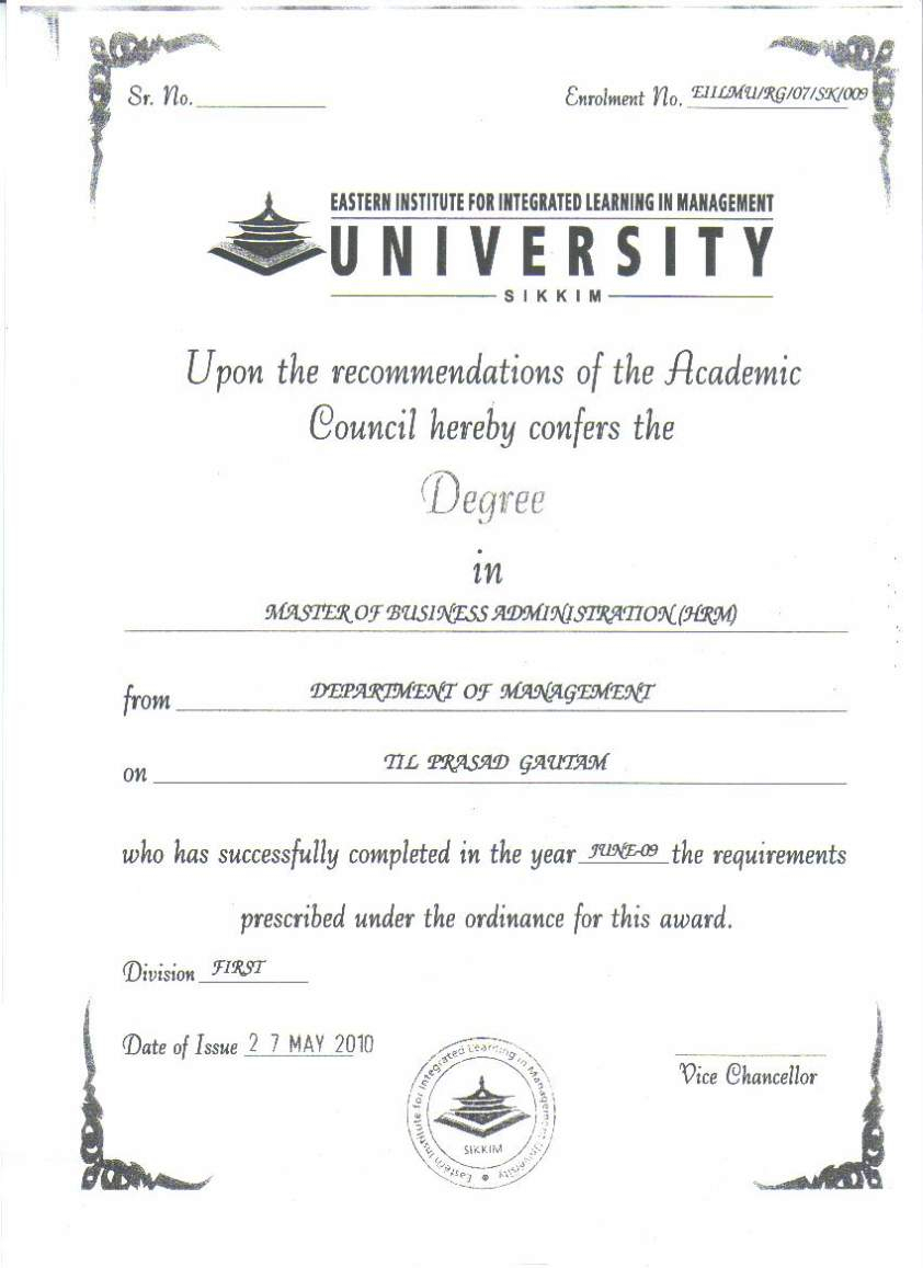 Eiilm University Degree Certificate Sample – 2019 2020 In Masters Degree Certificate Template