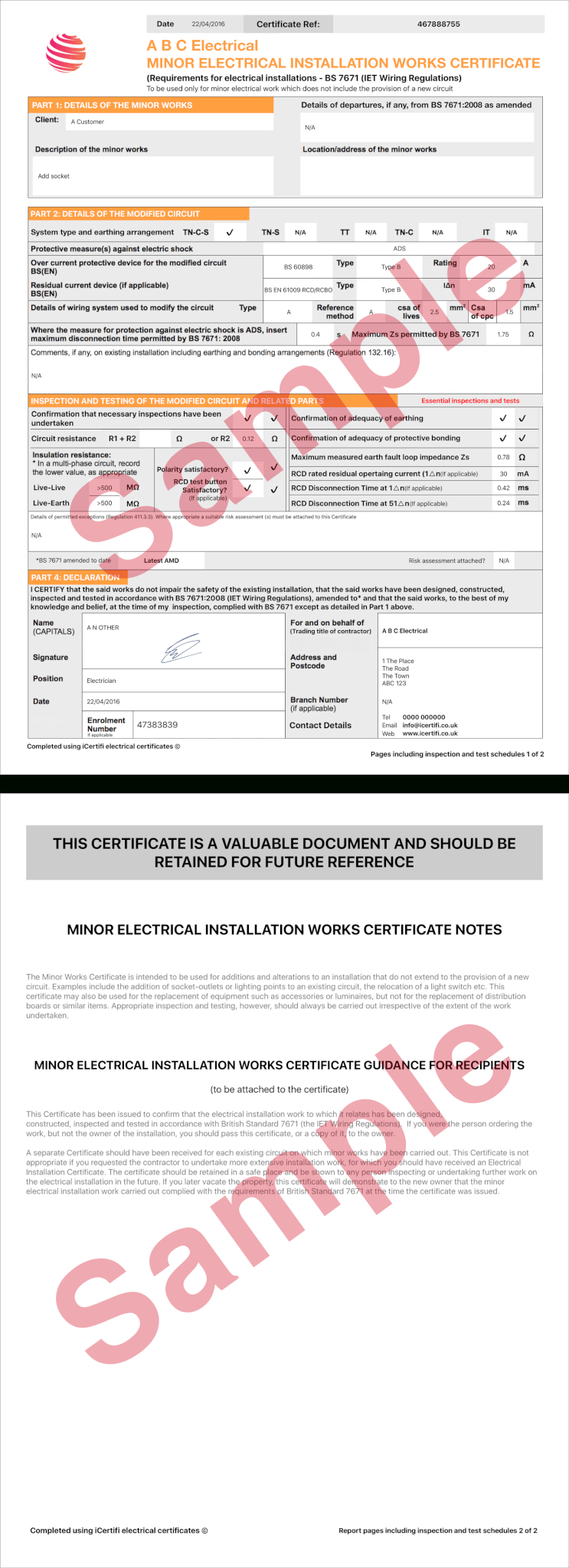 Electrical Certificate – Example Minor Works Certificate Regarding Electrical Installation Test Certificate Template