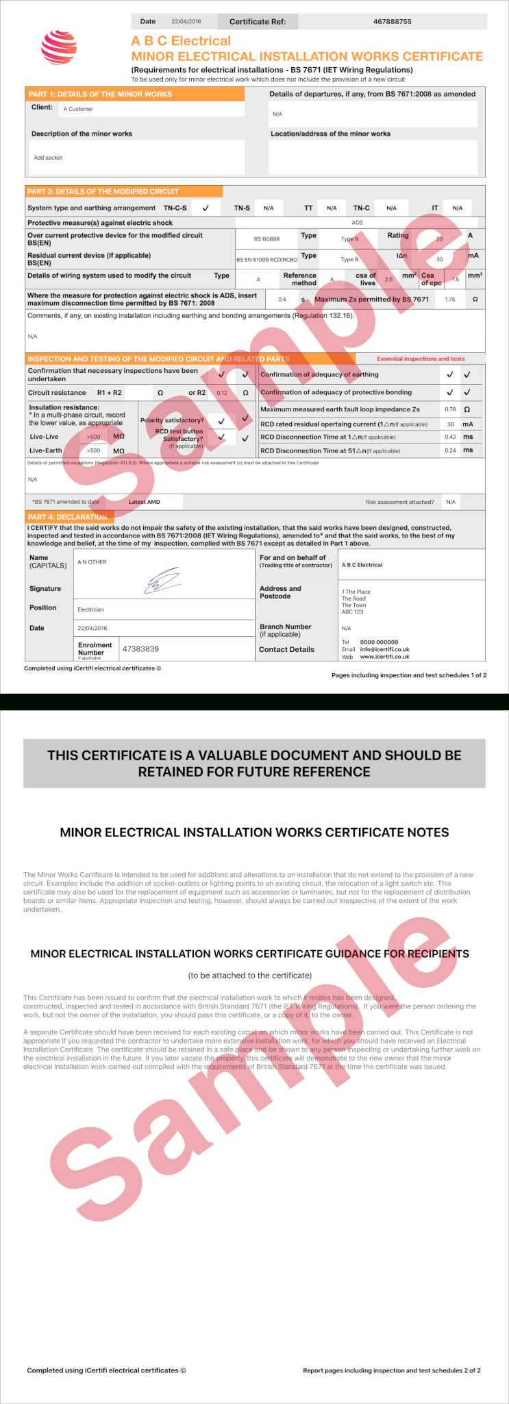 Electrical Certificate - Example Minor Works Certificate With Electrical Minor Works Certificate Template