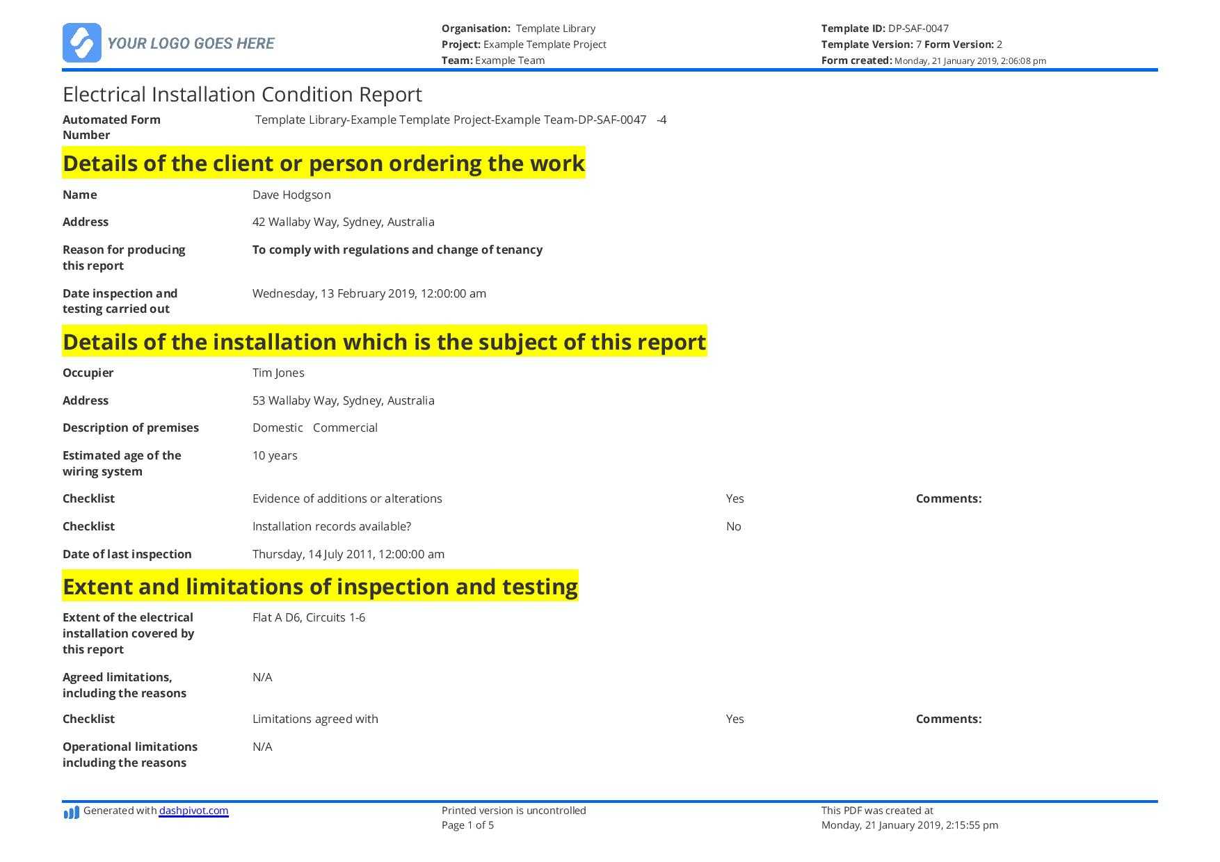 Electrical Installation Condition Report Sample And Free Intended For Fault Report Template Word