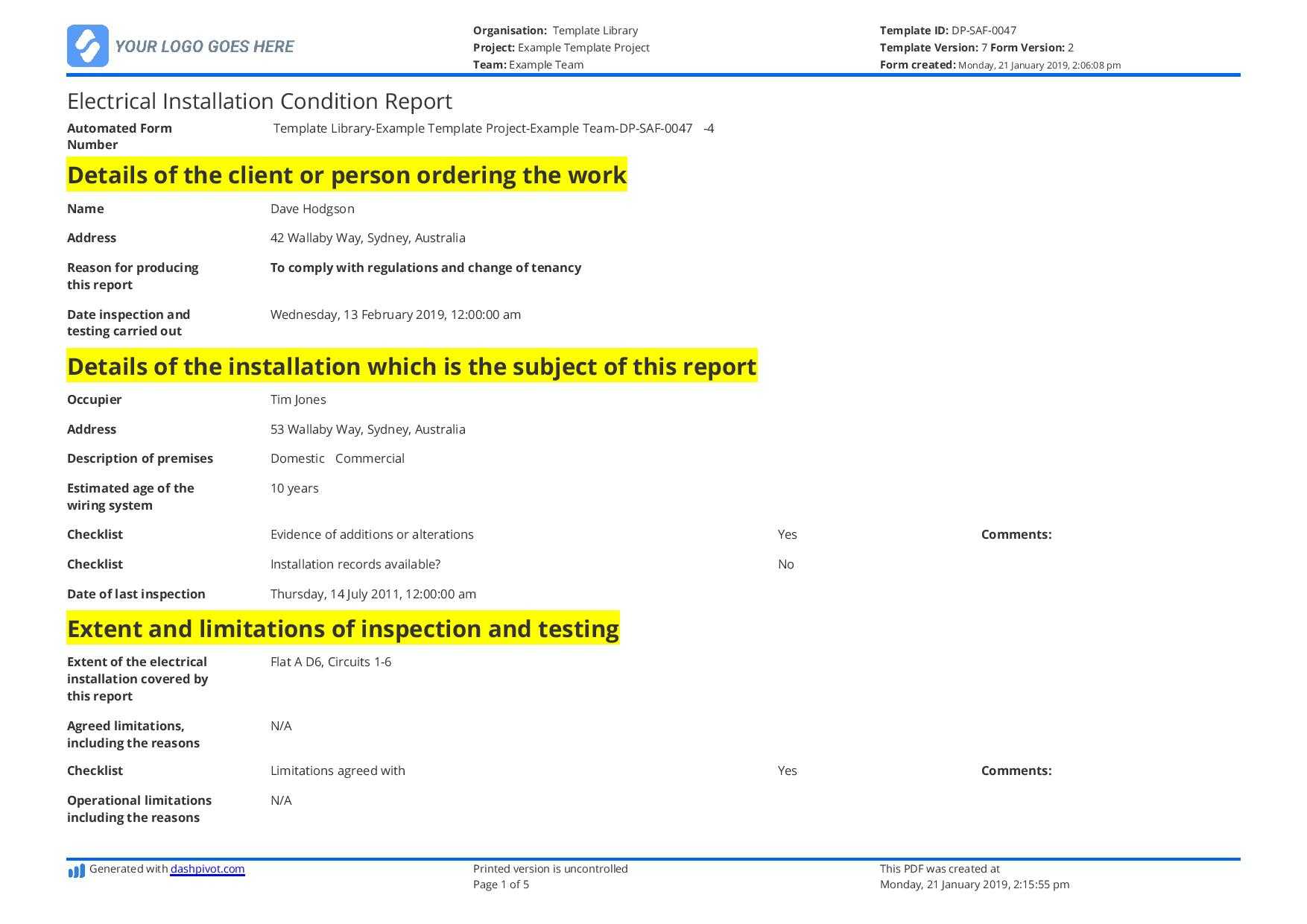 Electrical Installation Condition Report Sample And Free Pertaining To Property Condition Assessment Report Template