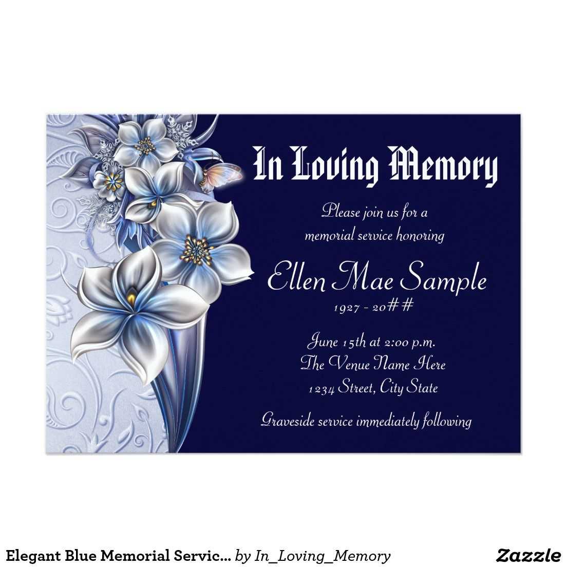 Elegant Blue Memorial Service Announcements | Zazzle With Death Anniversary Cards Templates