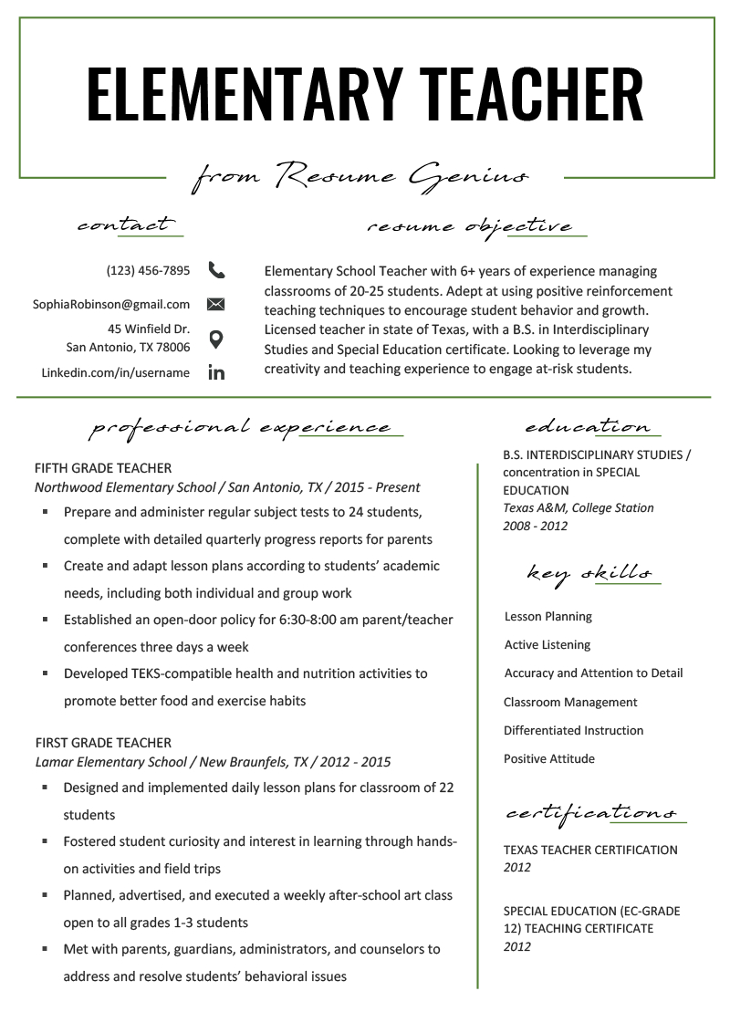 Elementary Teacher Resume Samples & Writing Guide | Resume Pertaining To Summer School Progress Report Template