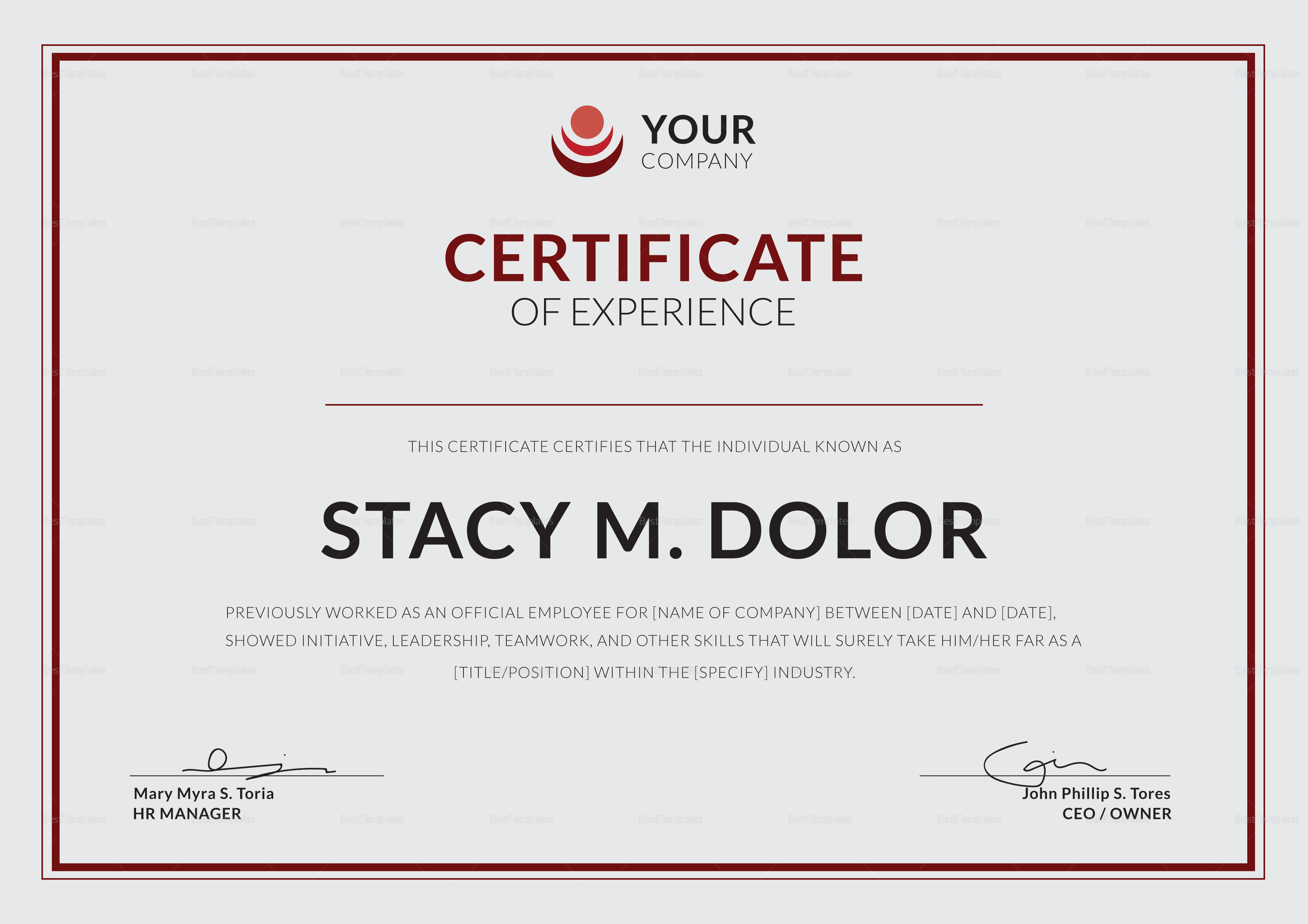 Employee Experience Certificate Template Throughout Certificate Of Experience Template