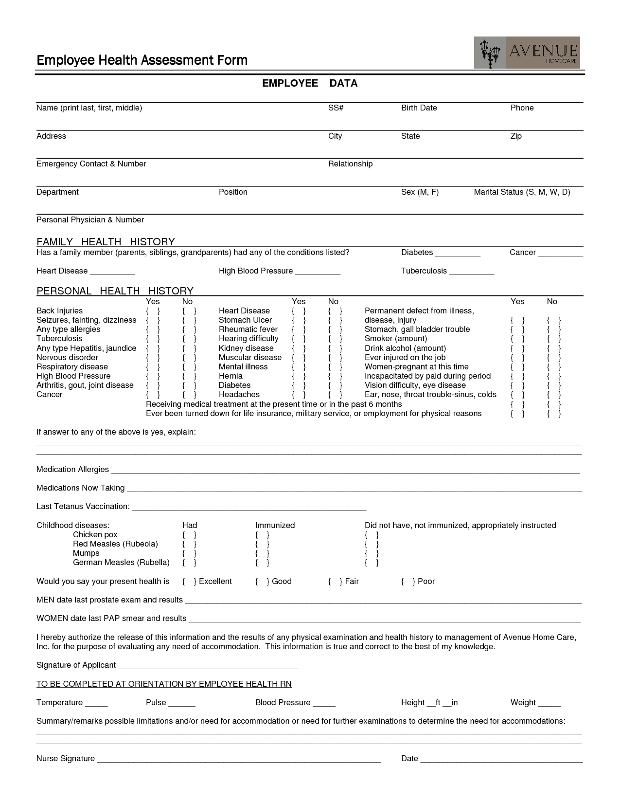 Employee Health Assessment Form #employment #health Throughout Health Check Report Template