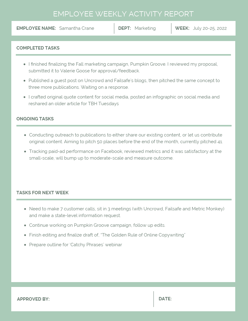 Employee Weekly Activity Report Template – Venngage With Regard To Marketing Weekly Report Template